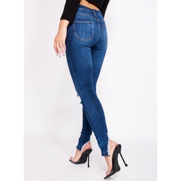 Blue High Waist Ripped Distressed Split Hem Skinny Jeans Denim Pants - Picture 11 of 13